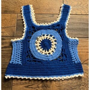 Handmade Crochet Halter Top Blue White Sunburst Granny Square Boho Festival